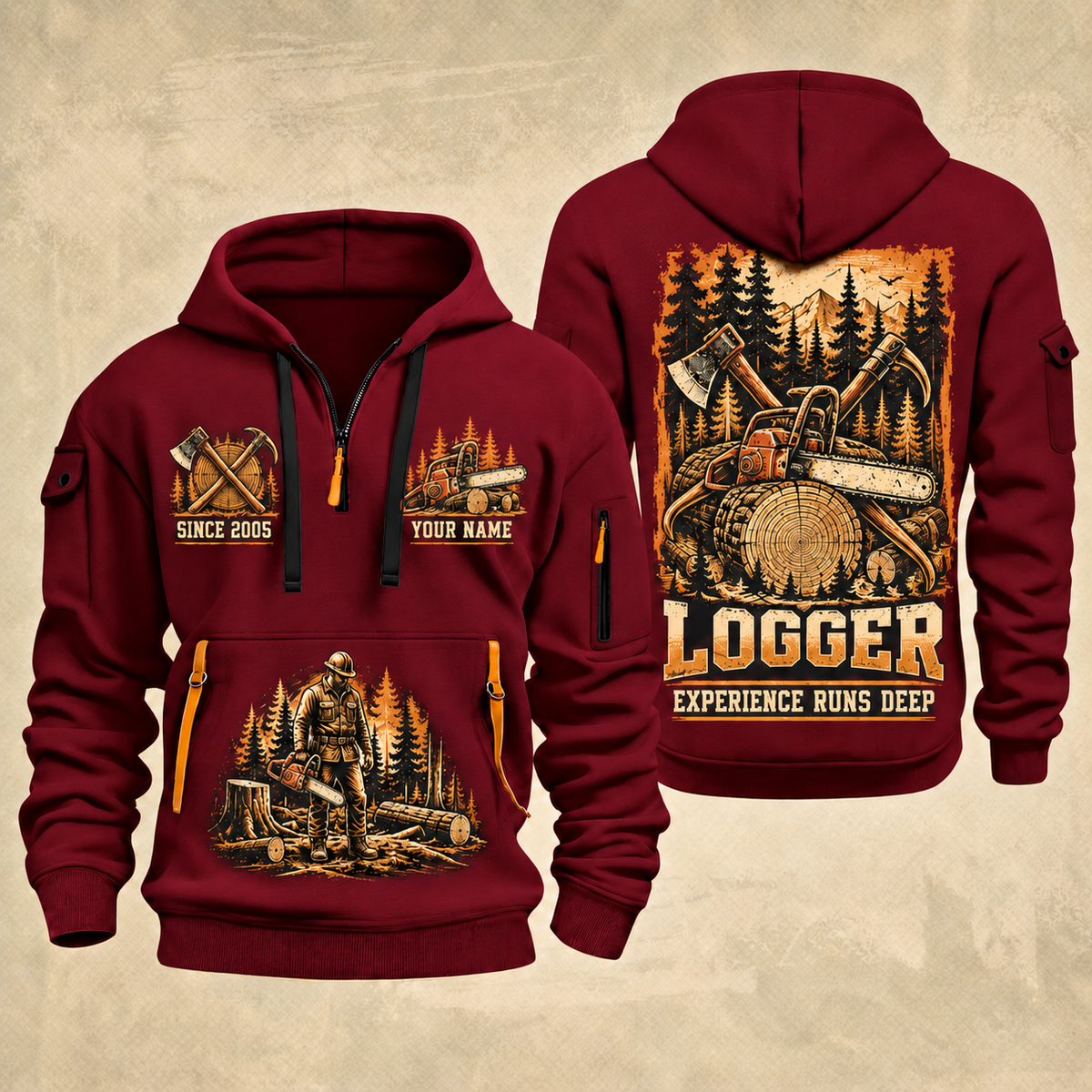 Logger Timber Heritage Plate quarter-zip hoodie in Wine Red, front and back, YOUR NAME and SINCE 2005 artwork