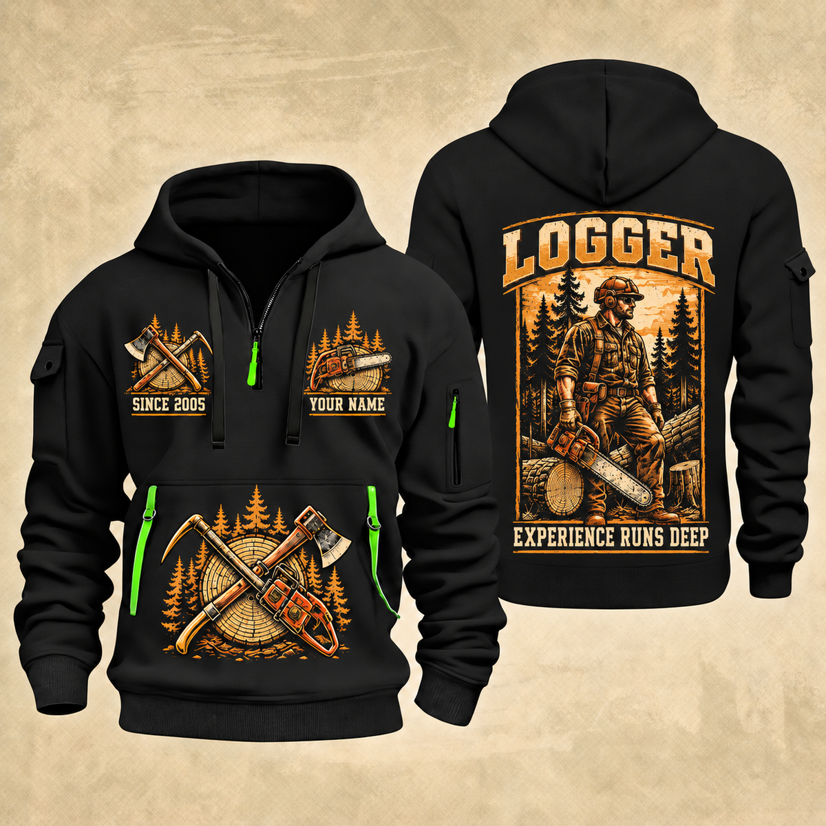 Logger Forest Craftsman Portrait quarter-zip hoodie in Black, front and back, YOUR NAME and SINCE 2005 artwork