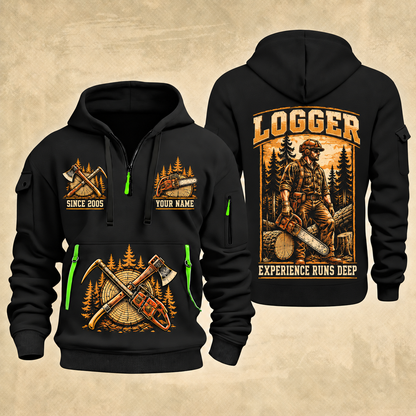 Logger Forest Craftsman Portrait quarter-zip hoodie in Black, front and back, YOUR NAME and SINCE 2005 artwork
