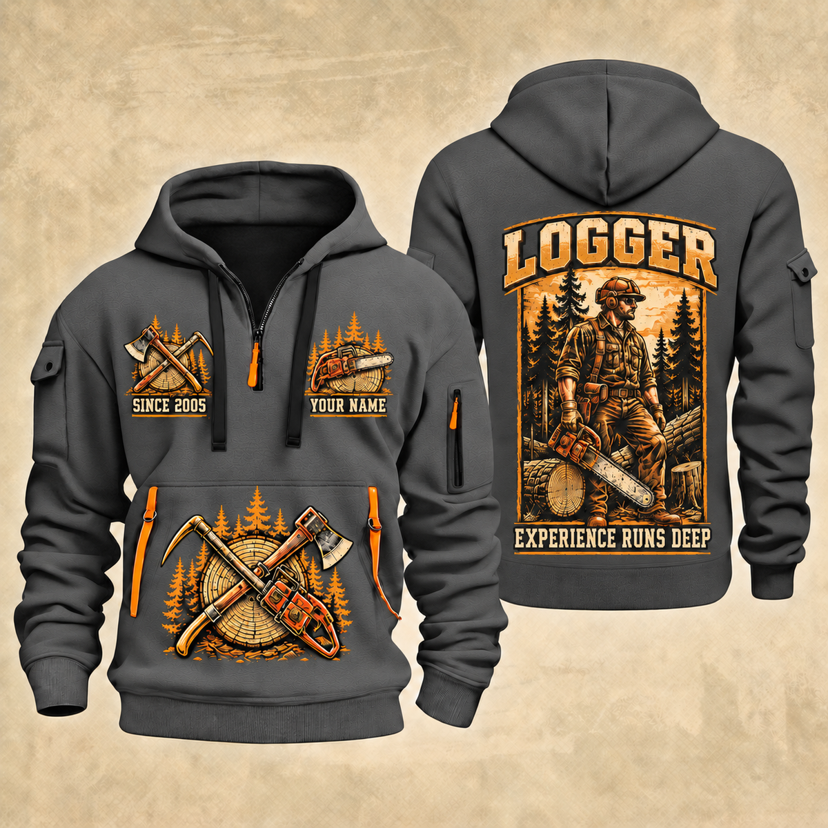 Logger Forest Craftsman Portrait quarter-zip hoodie in Gray, front and back, YOUR NAME and SINCE 2005 artwork