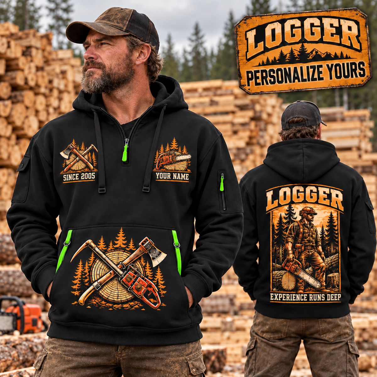Logger wearing Forest Craftsman Portrait quarter-zip hoodie in their workplace; product introduction and shopping call to action