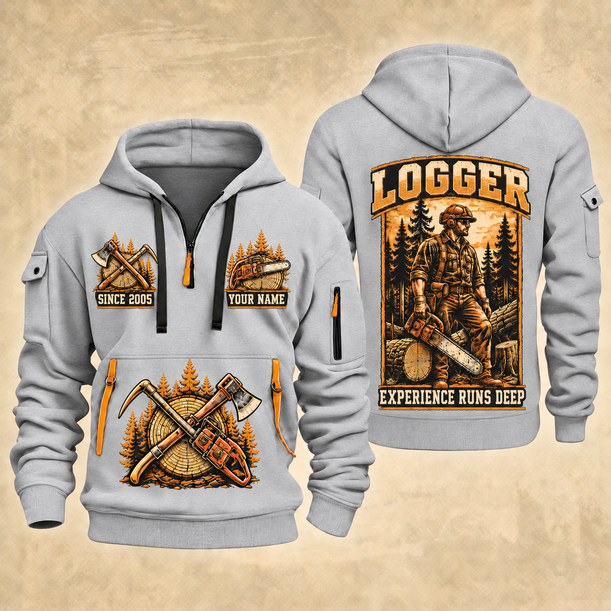 Logger Forest Craftsman Portrait quarter-zip hoodie in Light Grey, front and back, YOUR NAME and SINCE 2005 artwork