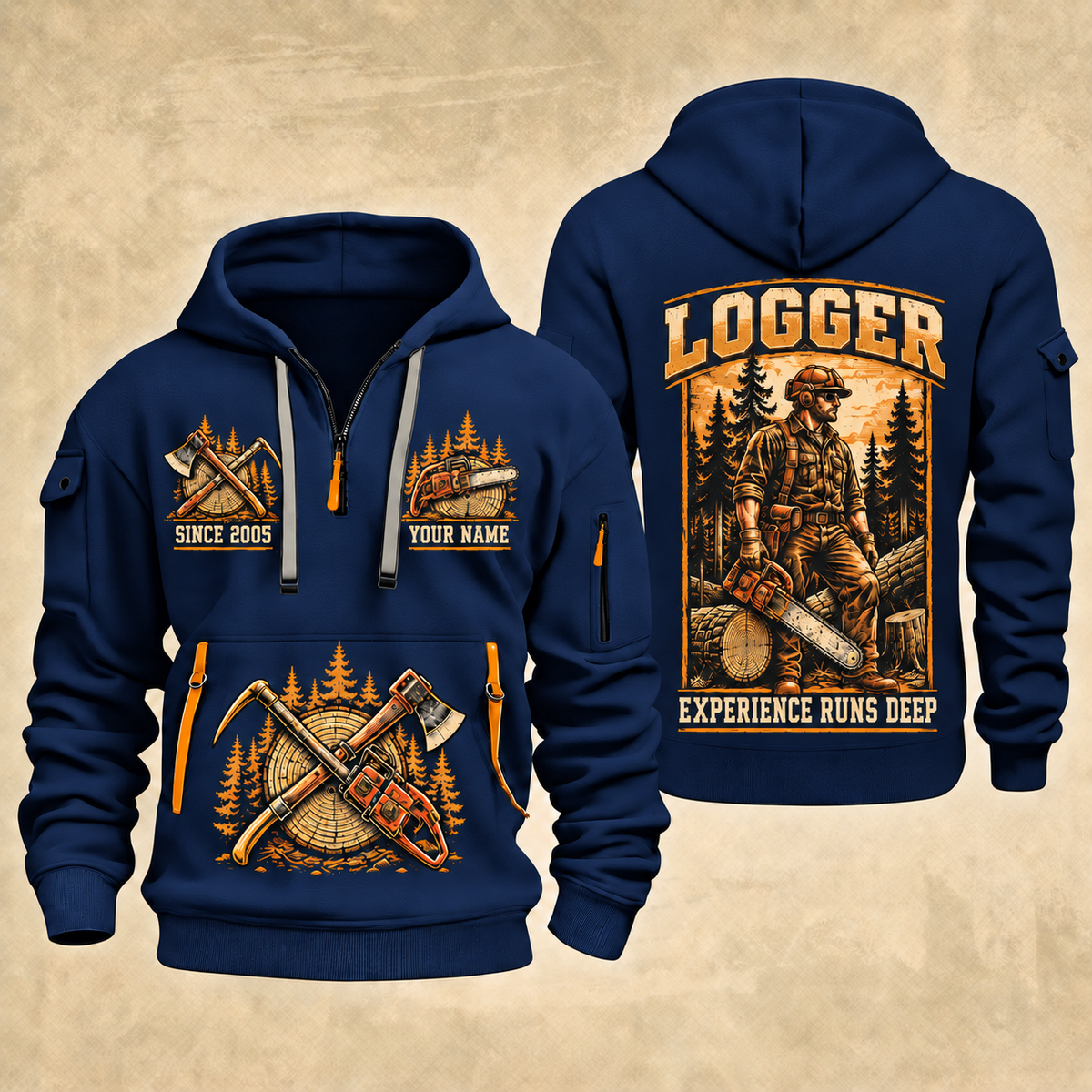 Logger Forest Craftsman Portrait quarter-zip hoodie in Navy, front and back, YOUR NAME and SINCE 2005 artwork