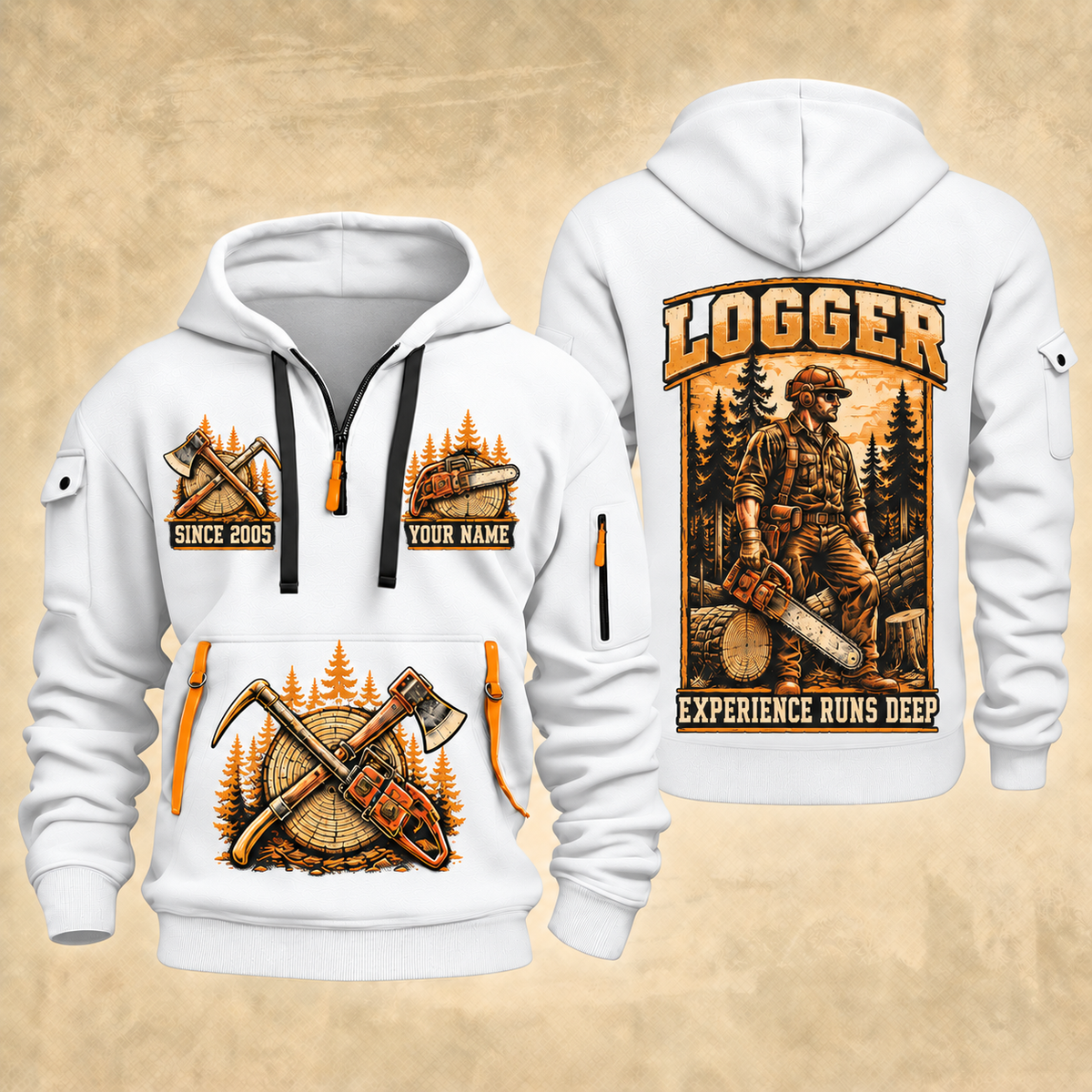 Logger Forest Craftsman Portrait quarter-zip hoodie in White, front and back, YOUR NAME and SINCE 2005 artwork