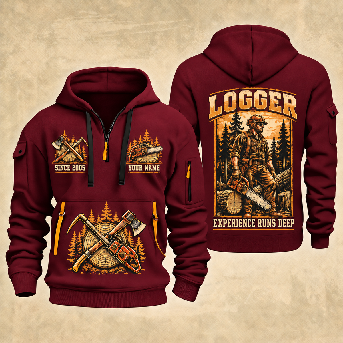 Logger Forest Craftsman Portrait quarter-zip hoodie in Wine Red, front and back, YOUR NAME and SINCE 2005 artwork