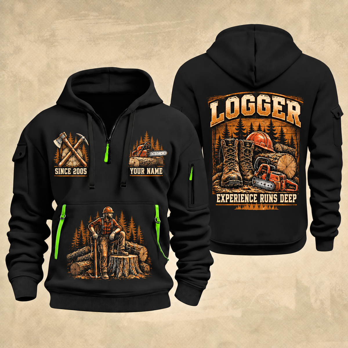 Logger Timber Yard Still Life quarter-zip hoodie in Black, front and back, YOUR NAME and SINCE 2005 artwork