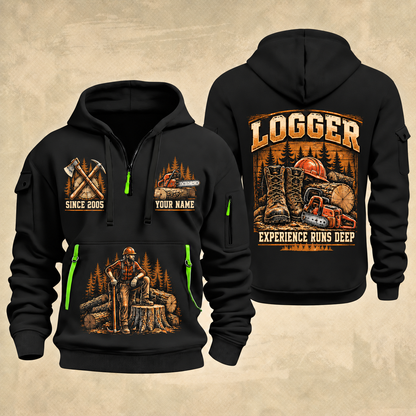 Logger Timber Yard Still Life quarter-zip hoodie in Black, front and back, YOUR NAME and SINCE 2005 artwork