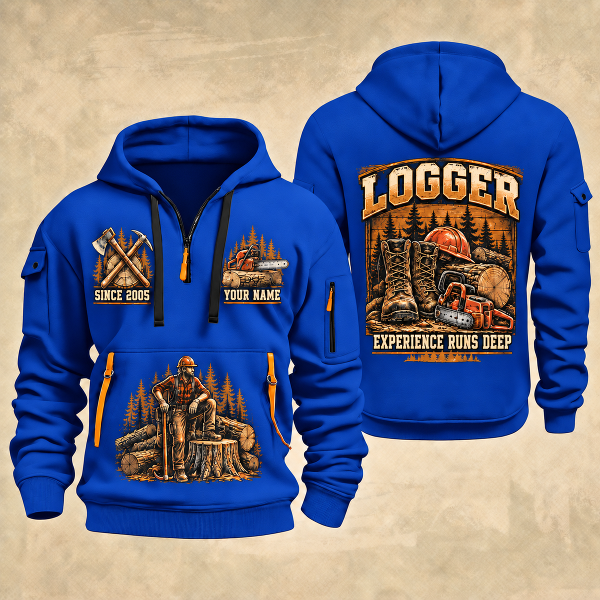 Logger Timber Yard Still Life quarter-zip hoodie in Blue, front and back, YOUR NAME and SINCE 2005 artwork