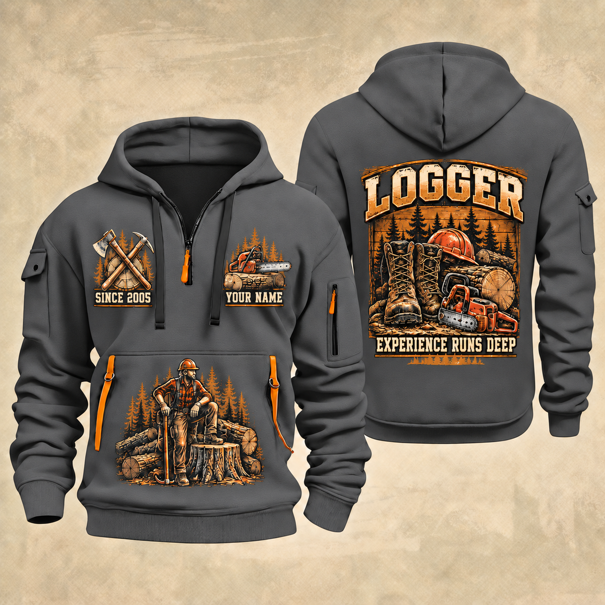 Logger Timber Yard Still Life quarter-zip hoodie in Gray, front and back, YOUR NAME and SINCE 2005 artwork