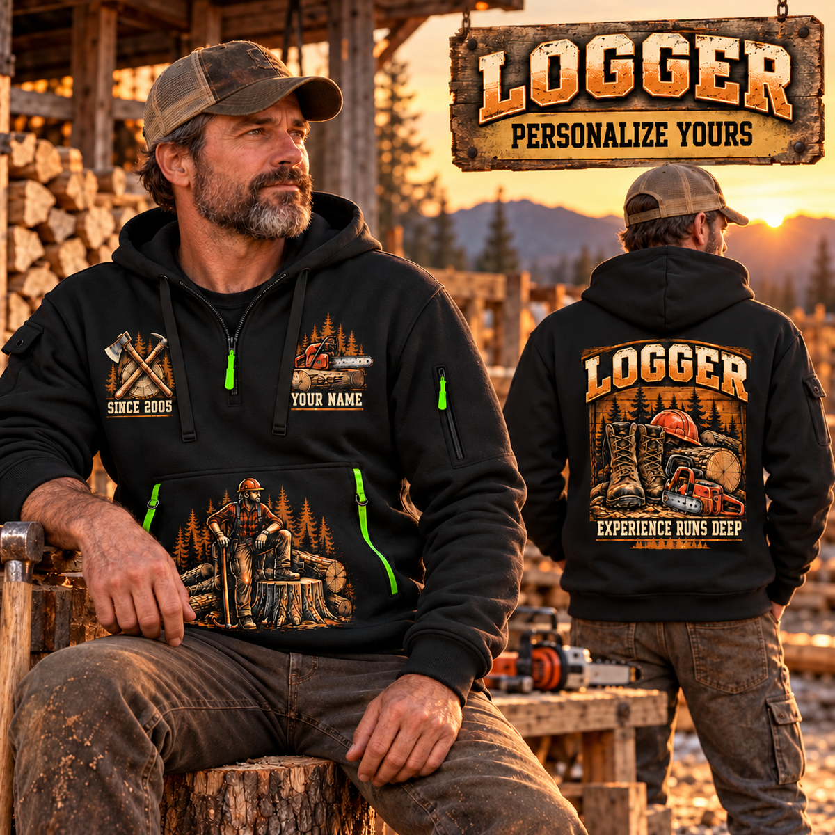 Logger wearing Timber Yard Still Life quarter-zip hoodie in their workplace; product introduction and shopping call to action