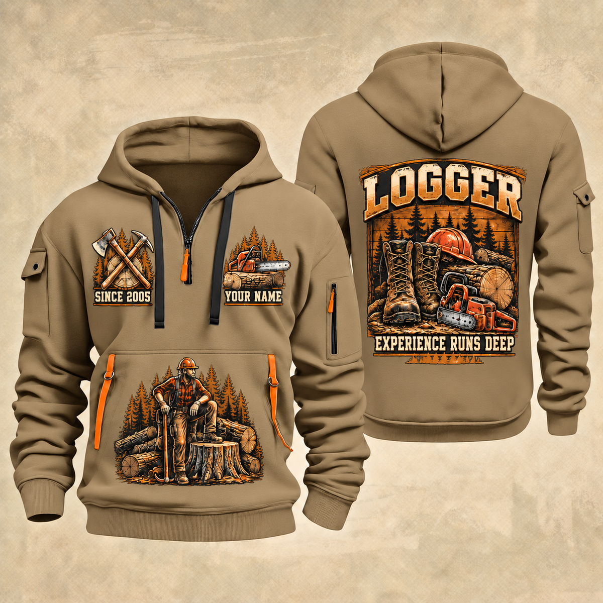 Logger Timber Yard Still Life quarter-zip hoodie in Khaki, front and back, YOUR NAME and SINCE 2005 artwork