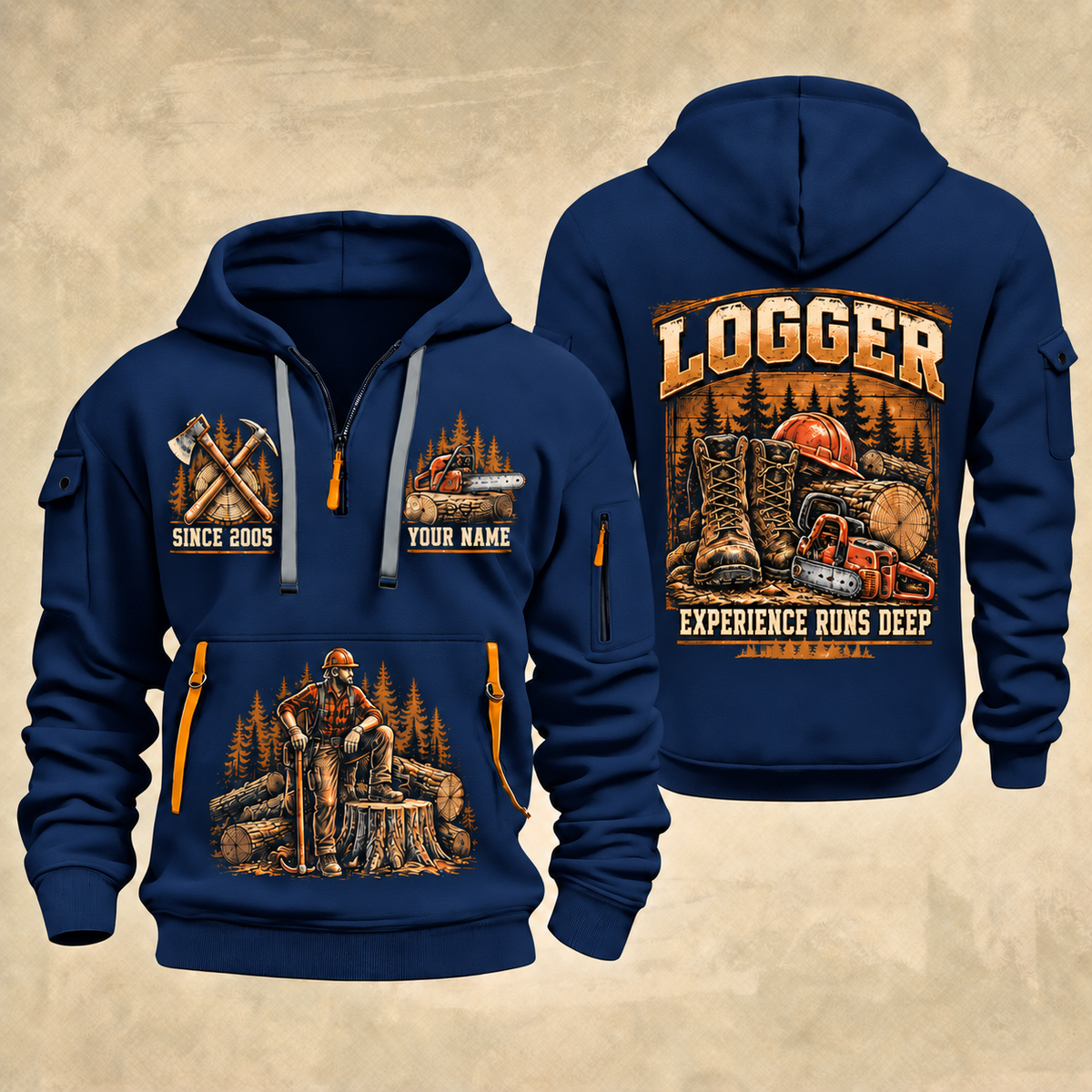 Logger Timber Yard Still Life quarter-zip hoodie in Navy, front and back, YOUR NAME and SINCE 2005 artwork