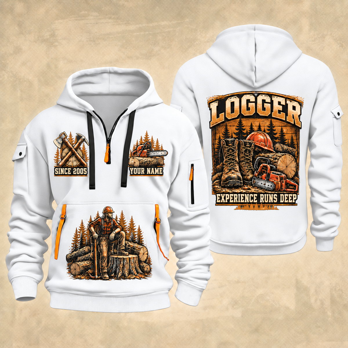 Logger Timber Yard Still Life quarter-zip hoodie in White, front and back, YOUR NAME and SINCE 2005 artwork