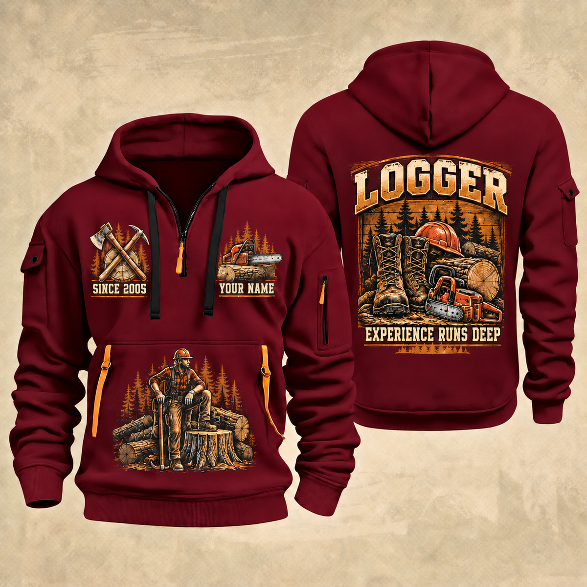 Logger Timber Yard Still Life quarter-zip hoodie in Wine Red, front and back, YOUR NAME and SINCE 2005 artwork
