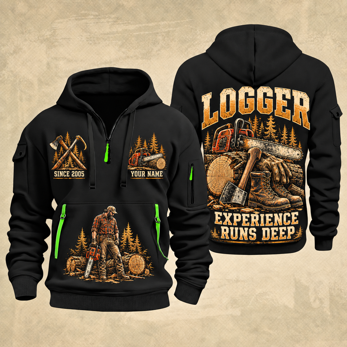 Logger Forest Tools Heritage quarter-zip hoodie in Black, front and back, YOUR NAME and SINCE 2005 artwork