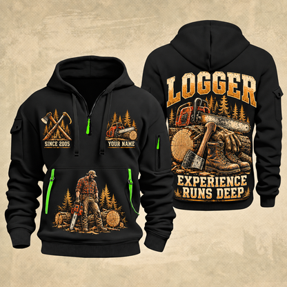 Logger Forest Tools Heritage quarter-zip hoodie in Black, front and back, YOUR NAME and SINCE 2005 artwork