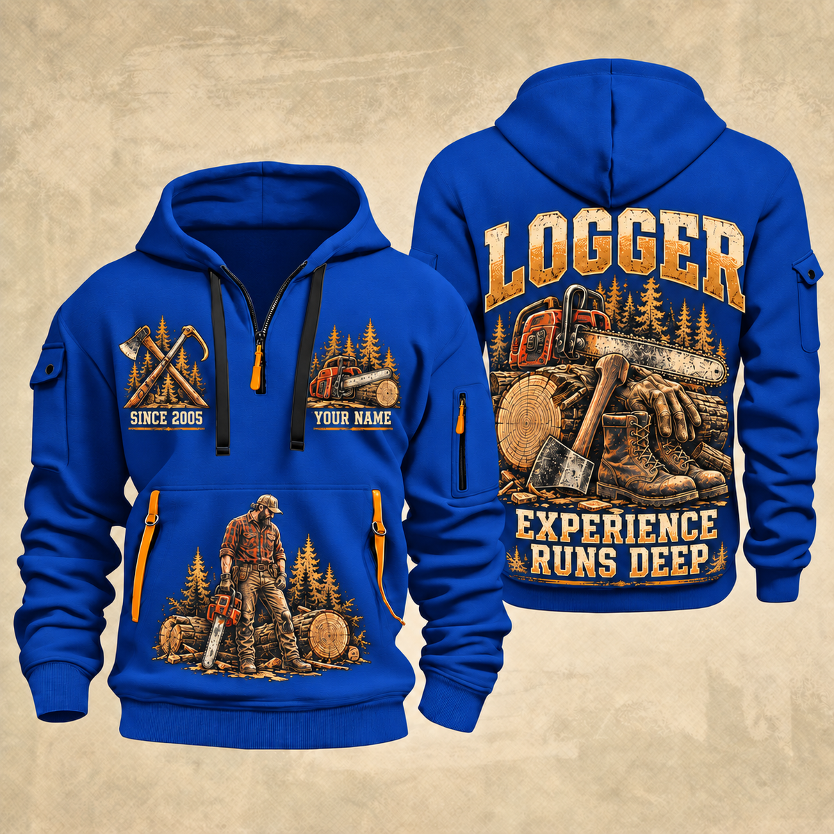Logger Forest Tools Heritage quarter-zip hoodie in Blue, front and back, YOUR NAME and SINCE 2005 artwork