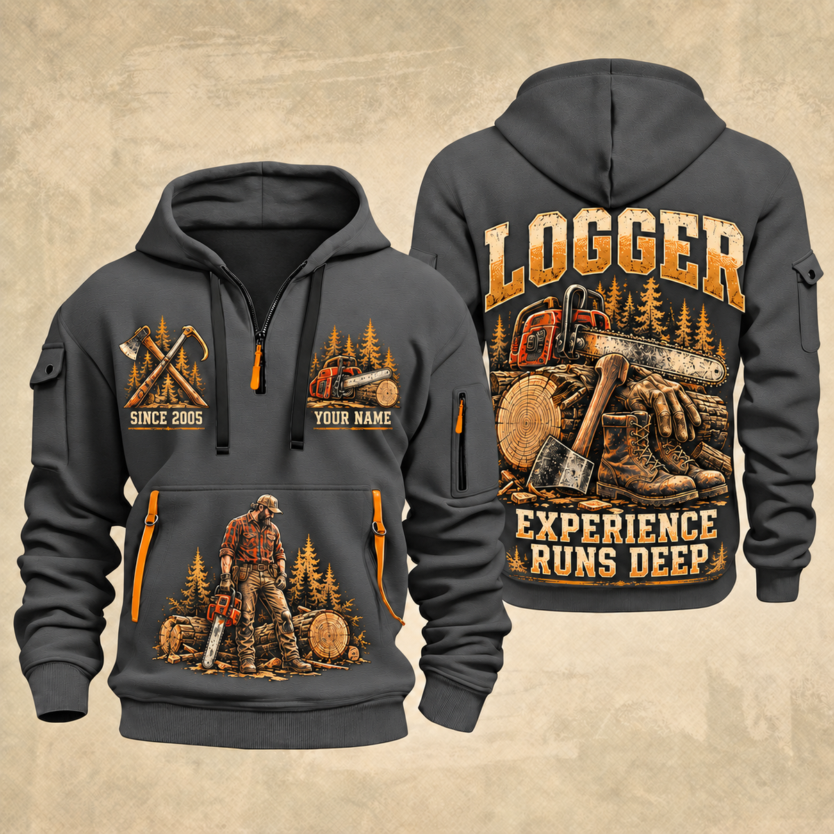 Logger Forest Tools Heritage quarter-zip hoodie in Gray, front and back, YOUR NAME and SINCE 2005 artwork