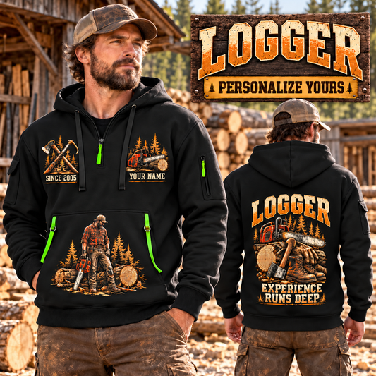 Logger wearing Forest Tools Heritage quarter-zip hoodie in their workplace; product introduction and shopping call to action