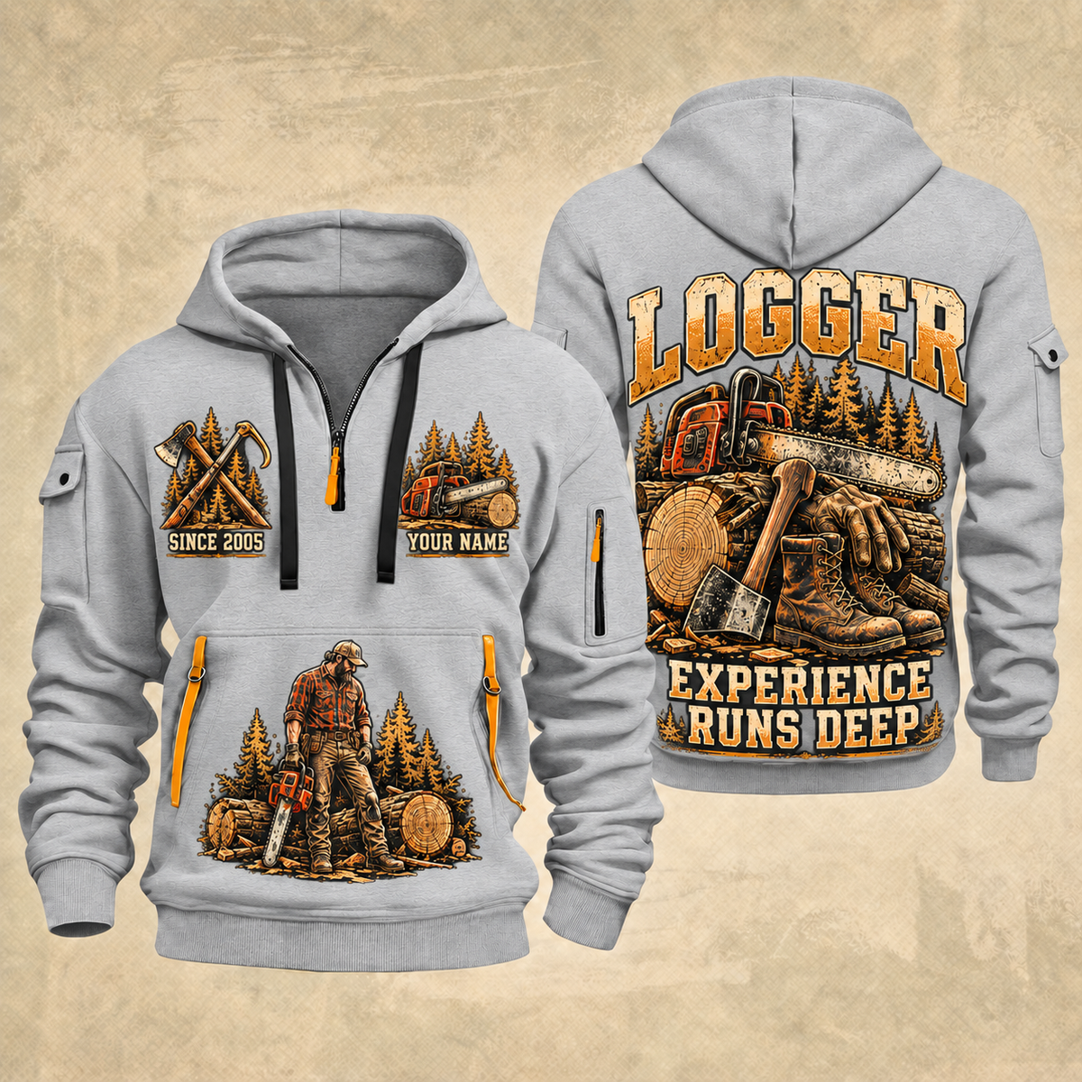Logger Forest Tools Heritage quarter-zip hoodie in Light Grey, front and back, YOUR NAME and SINCE 2005 artwork