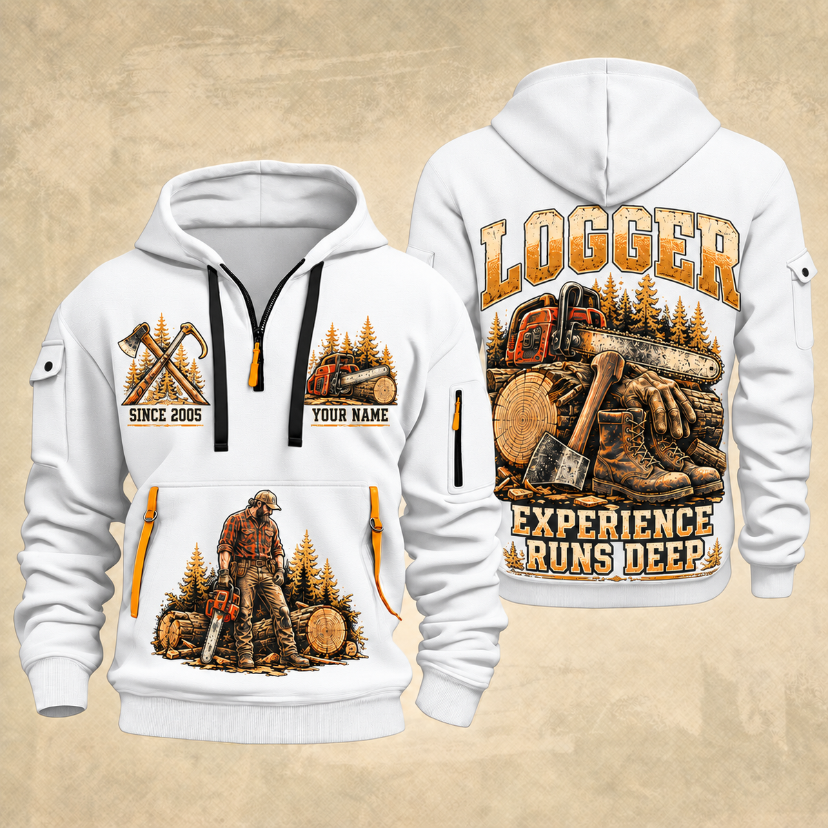Logger Forest Tools Heritage quarter-zip hoodie in White, front and back, YOUR NAME and SINCE 2005 artwork
