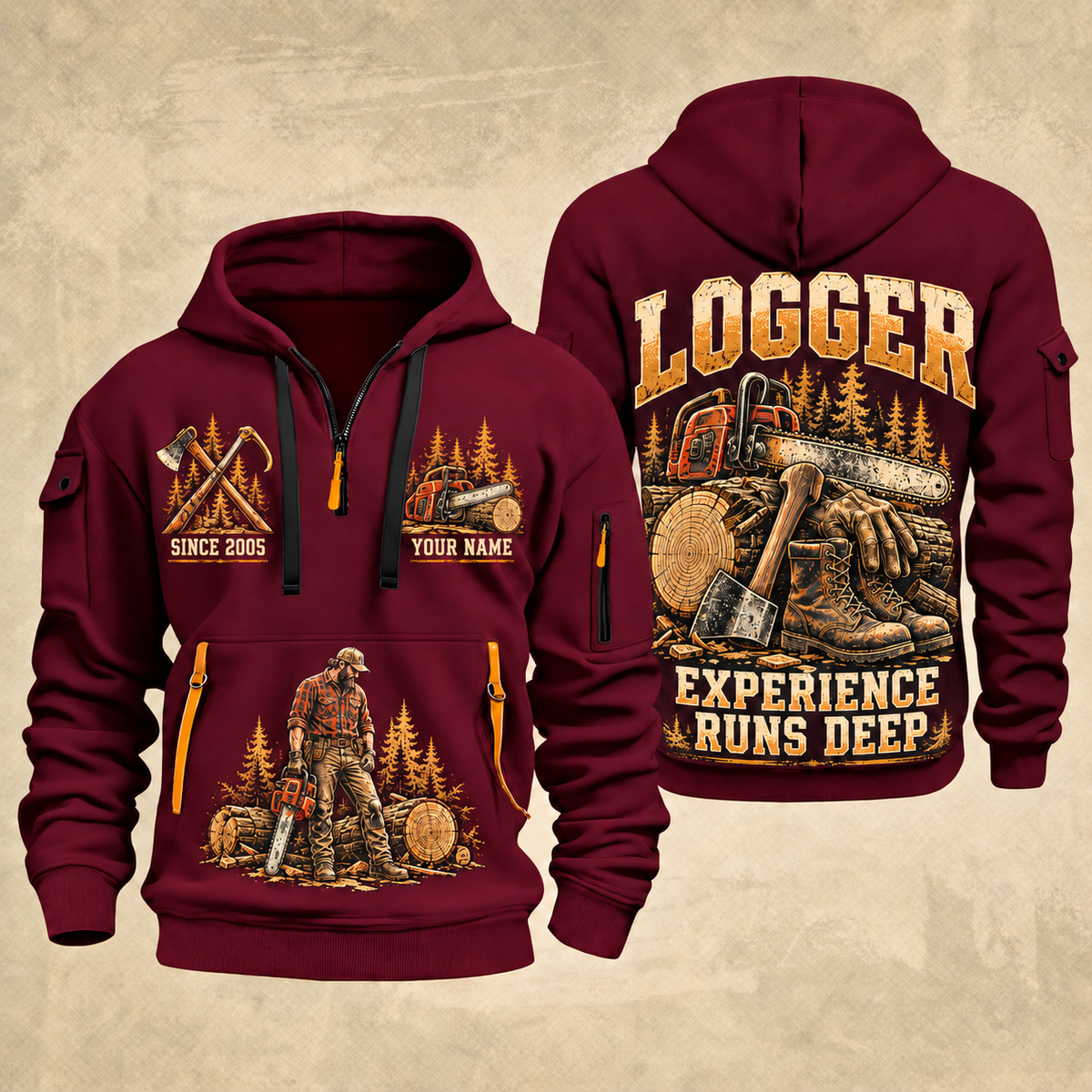 Logger Forest Tools Heritage quarter-zip hoodie in Wine Red, front and back, YOUR NAME and SINCE 2005 artwork