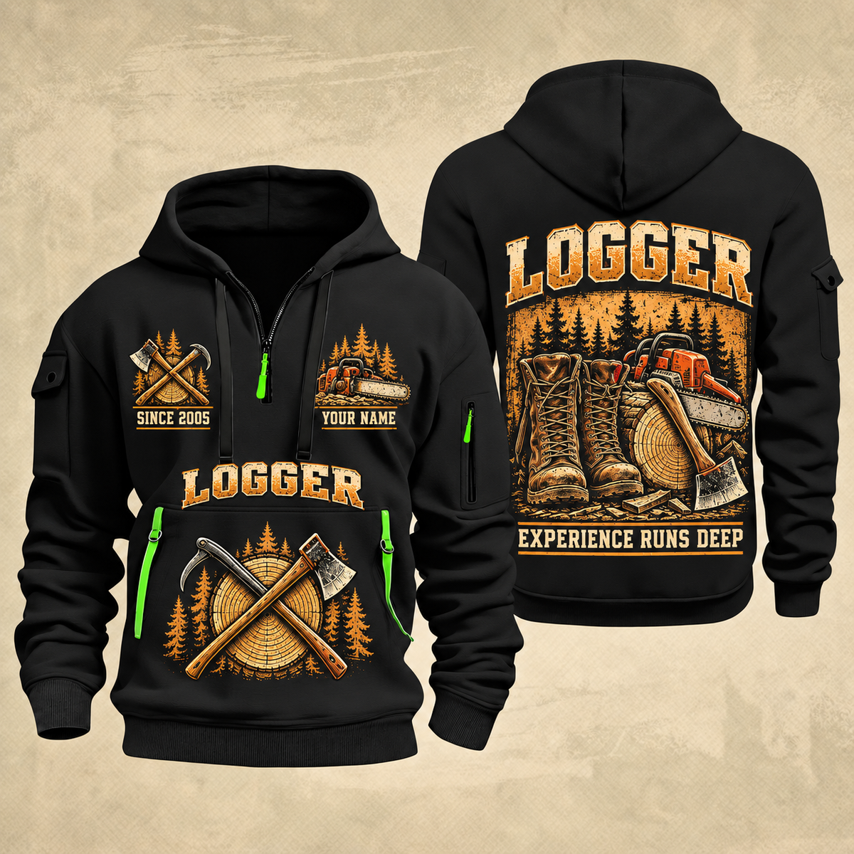 Logger Timber Workbench Tradition quarter-zip hoodie in Black, front and back, YOUR NAME and SINCE 2005 artwork