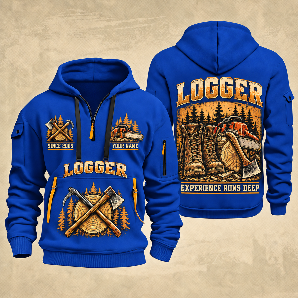 Logger Timber Workbench Tradition quarter-zip hoodie in Blue, front and back, YOUR NAME and SINCE 2005 artwork