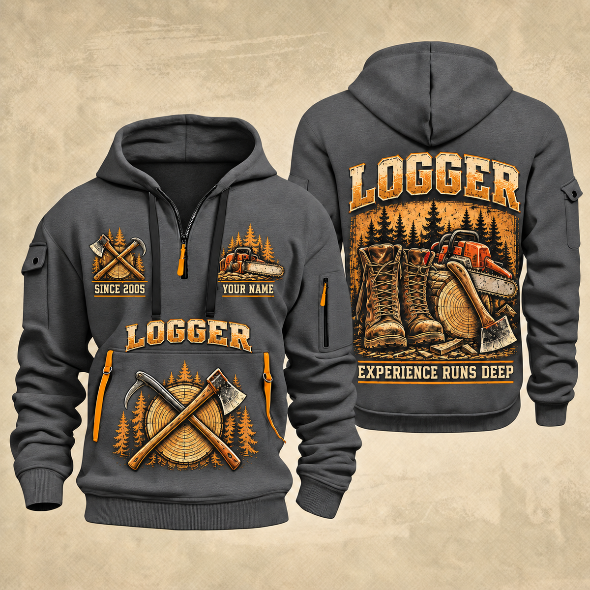 Logger Timber Workbench Tradition quarter-zip hoodie in Gray, front and back, YOUR NAME and SINCE 2005 artwork