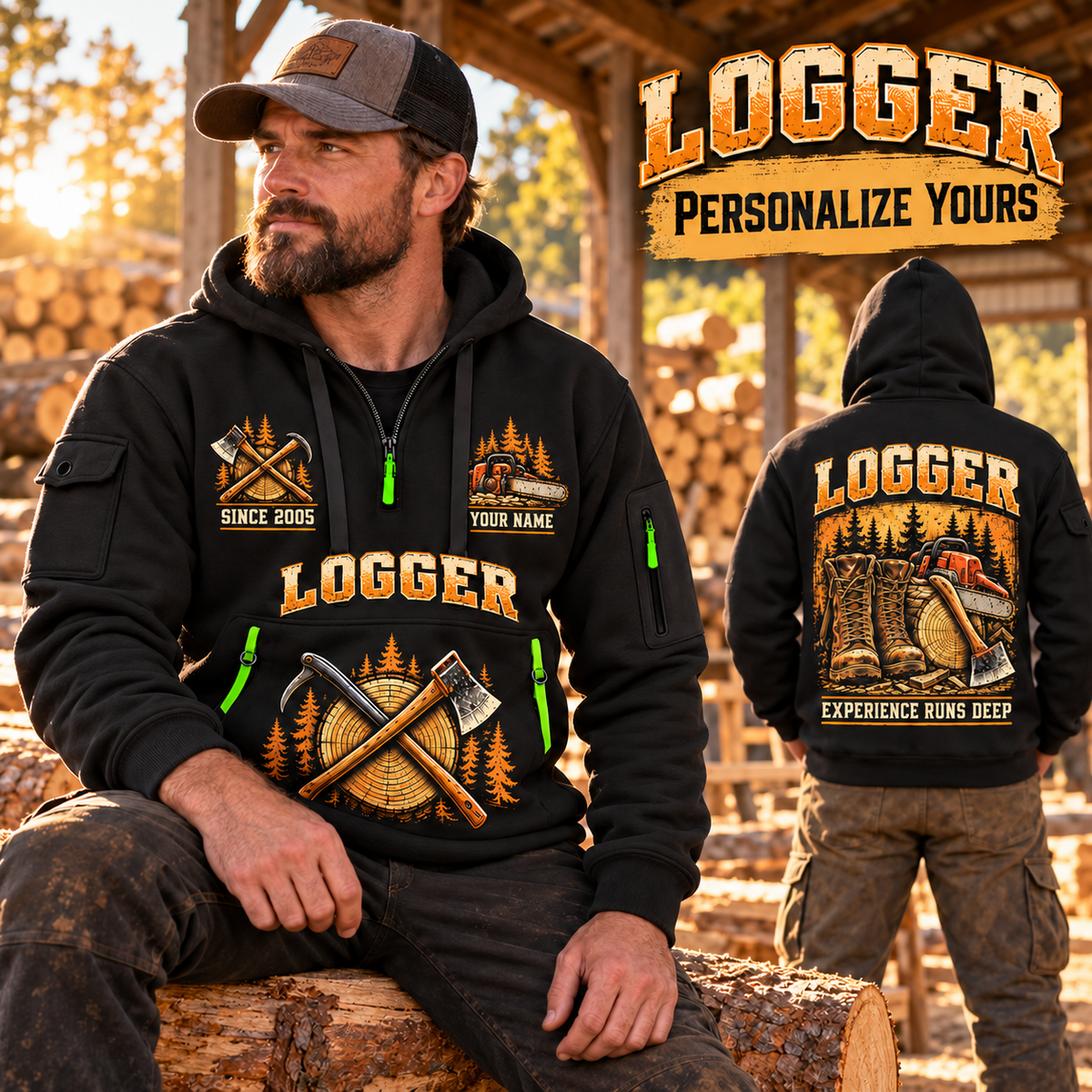 Logger wearing Timber Workbench Tradition quarter-zip hoodie in their workplace; product introduction and shopping call to action