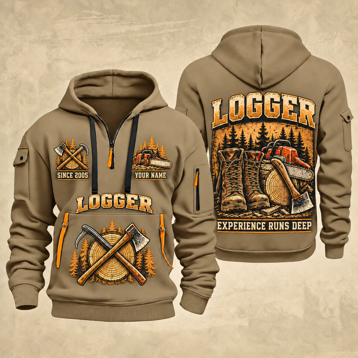 Logger Timber Workbench Tradition quarter-zip hoodie in Khaki, front and back, YOUR NAME and SINCE 2005 artwork