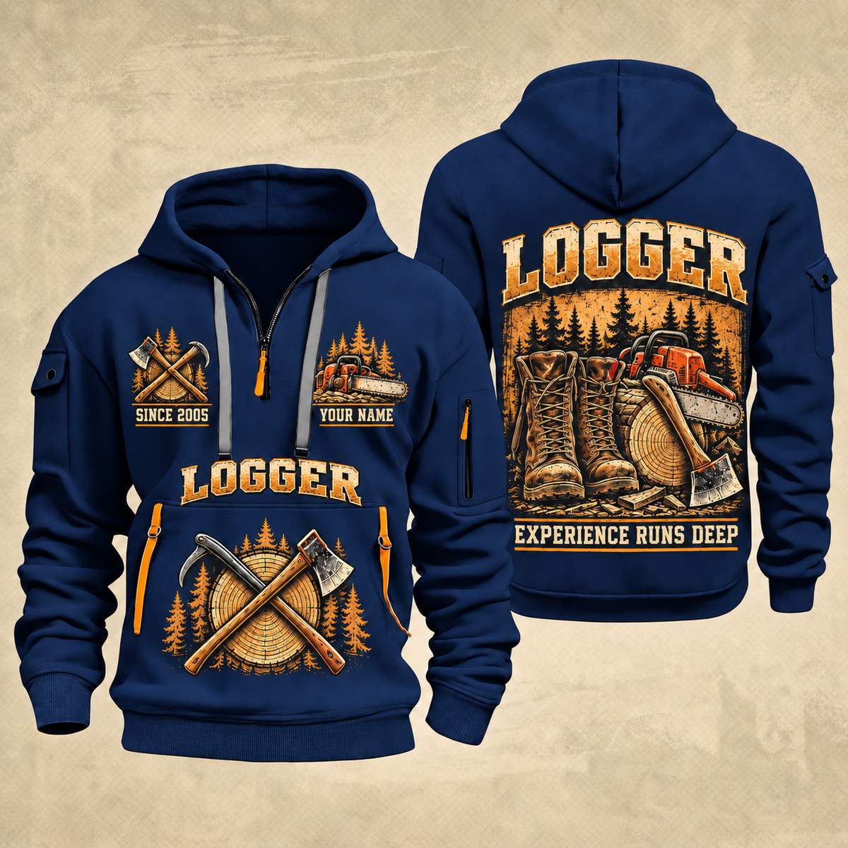 Logger Timber Workbench Tradition quarter-zip hoodie in Navy, front and back, YOUR NAME and SINCE 2005 artwork
