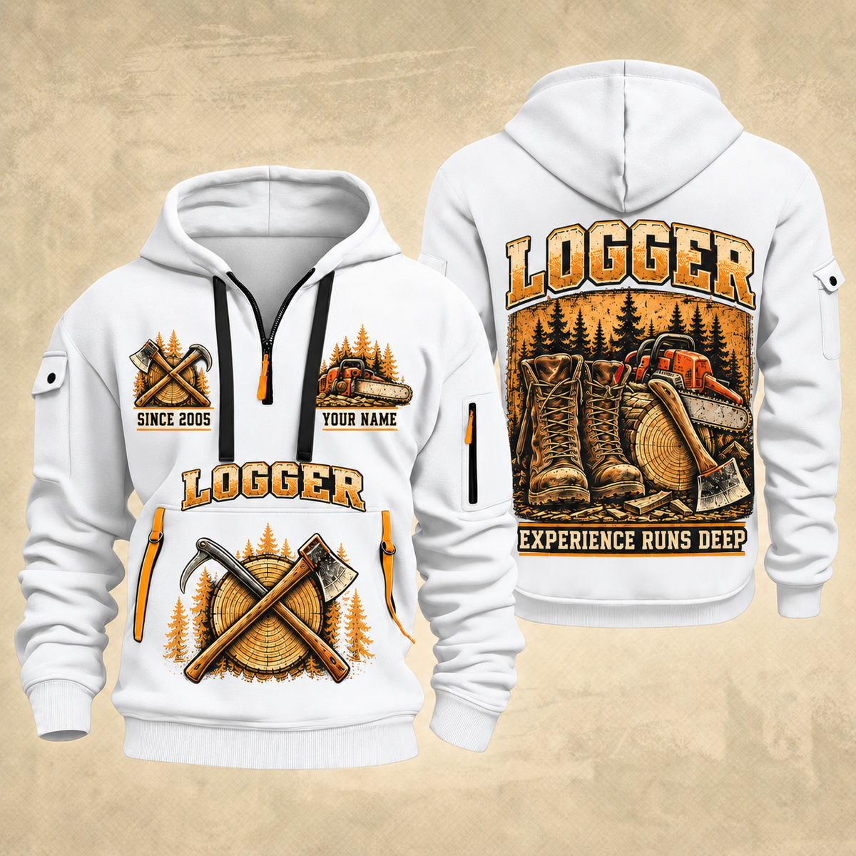 Logger Timber Workbench Tradition quarter-zip hoodie in White, front and back, YOUR NAME and SINCE 2005 artwork