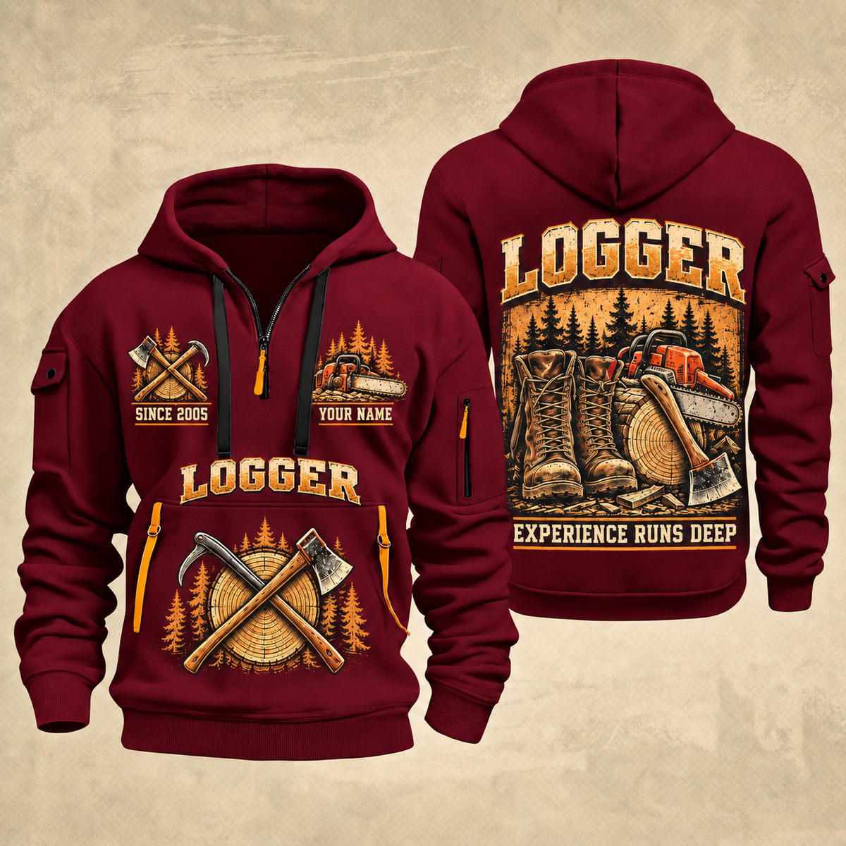 Logger Timber Workbench Tradition quarter-zip hoodie in Wine Red, front and back, YOUR NAME and SINCE 2005 artwork