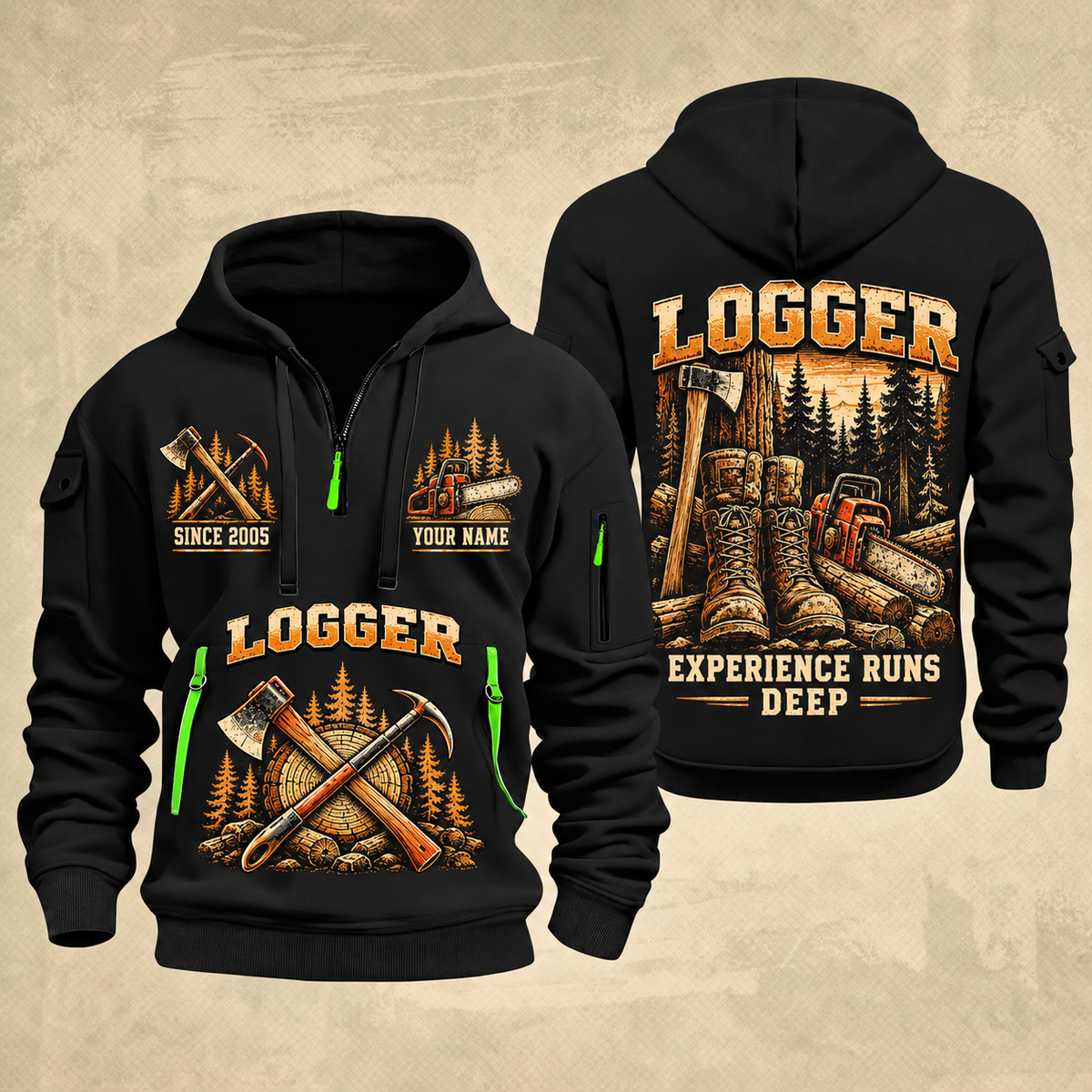 Logger Roots of the Trade quarter-zip hoodie in Black, front and back, YOUR NAME and SINCE 2005 artwork