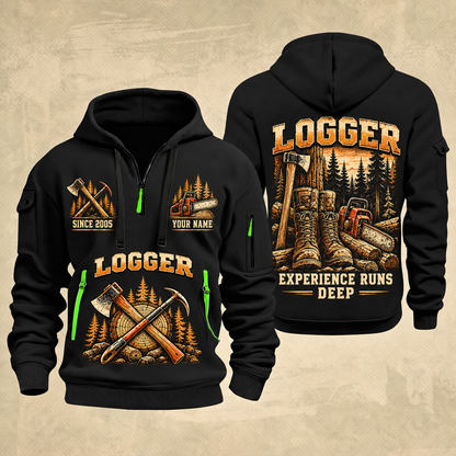 Logger Roots of the Trade quarter-zip hoodie in Black, front and back, YOUR NAME and SINCE 2005 artwork