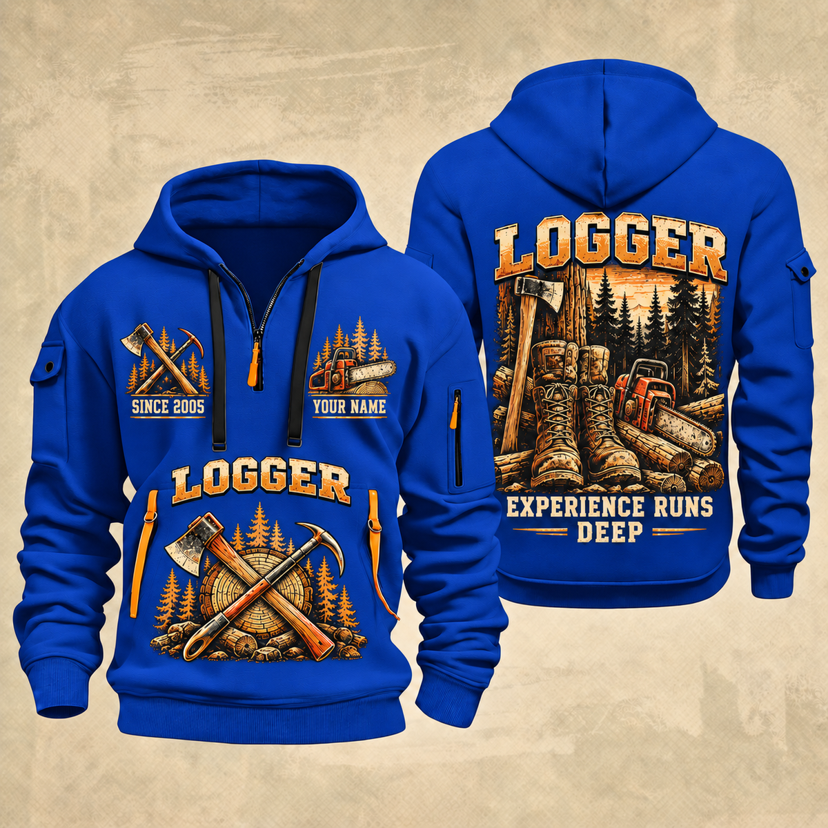 Logger Roots of the Trade quarter-zip hoodie in Blue, front and back, YOUR NAME and SINCE 2005 artwork