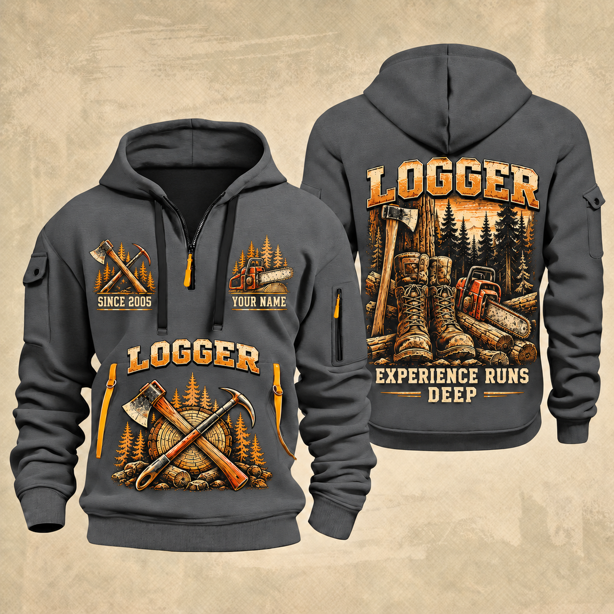 Logger Roots of the Trade quarter-zip hoodie in Gray, front and back, YOUR NAME and SINCE 2005 artwork