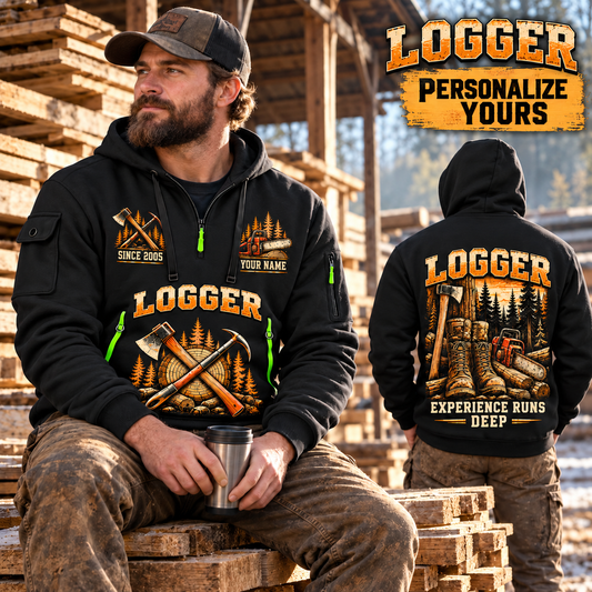 Logger wearing Roots of the Trade quarter-zip hoodie in their workplace; product introduction and shopping call to action