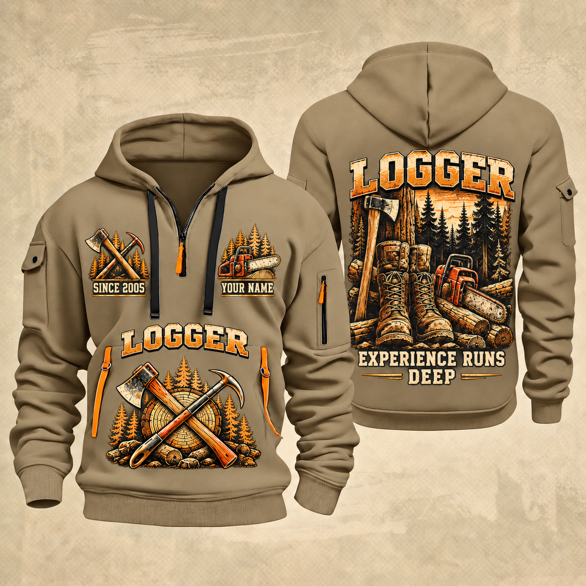 Logger Roots of the Trade quarter-zip hoodie in Khaki, front and back, YOUR NAME and SINCE 2005 artwork