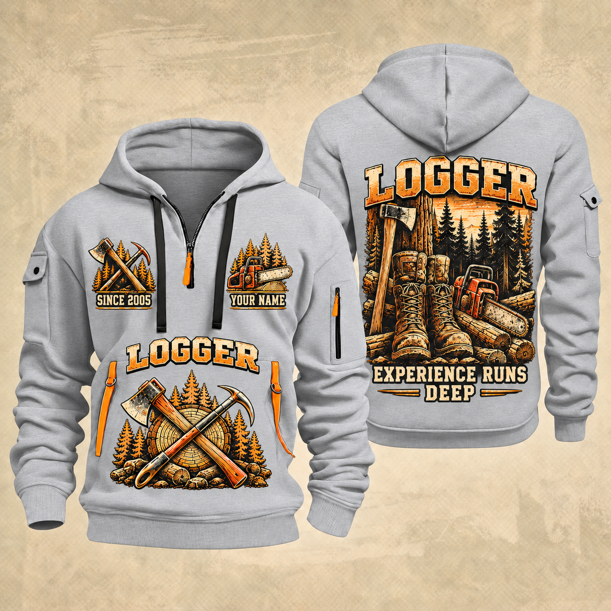 Logger Roots of the Trade quarter-zip hoodie in Light Grey, front and back, YOUR NAME and SINCE 2005 artwork