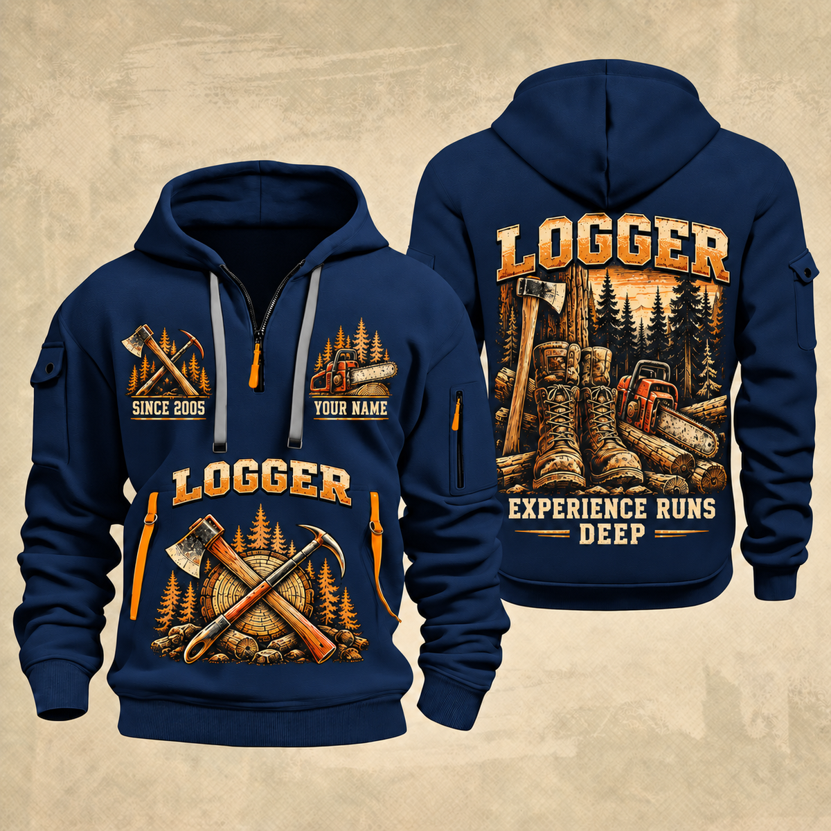 Logger Roots of the Trade quarter-zip hoodie in Navy, front and back, YOUR NAME and SINCE 2005 artwork