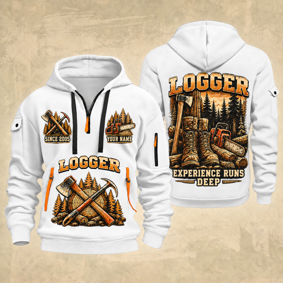 Logger Roots of the Trade quarter-zip hoodie in White, front and back, YOUR NAME and SINCE 2005 artwork