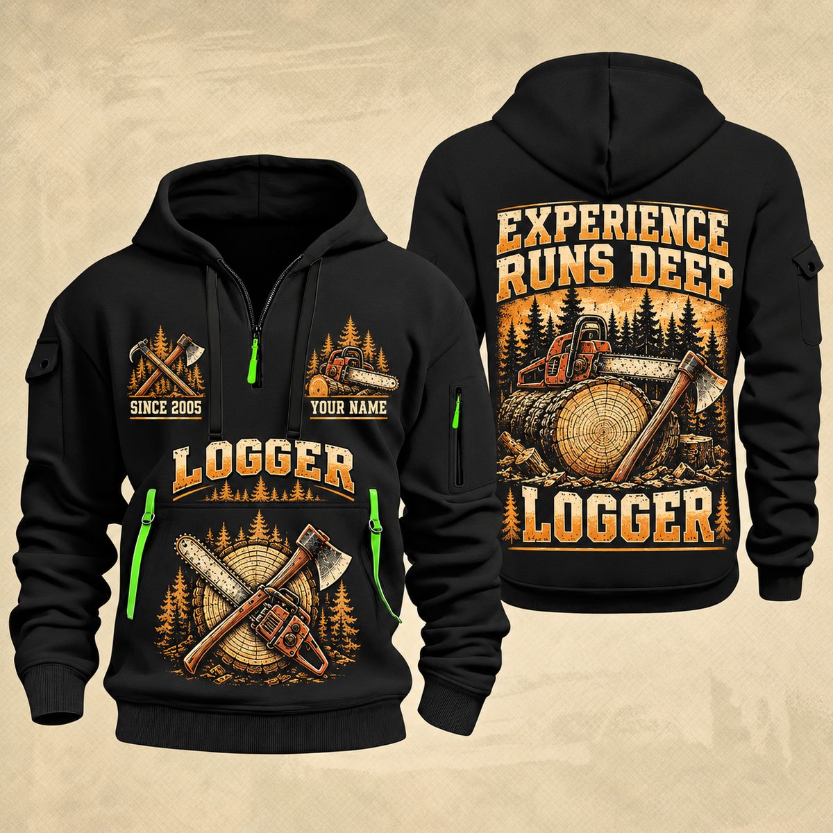 Logger Deep Woods Statement quarter-zip hoodie in Black, front and back, YOUR NAME and SINCE 2005 artwork