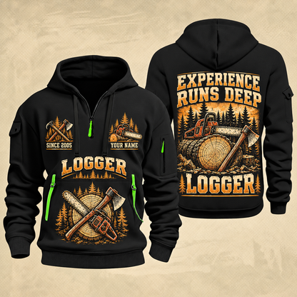 Logger Deep Woods Statement quarter-zip hoodie in Black, front and back, YOUR NAME and SINCE 2005 artwork