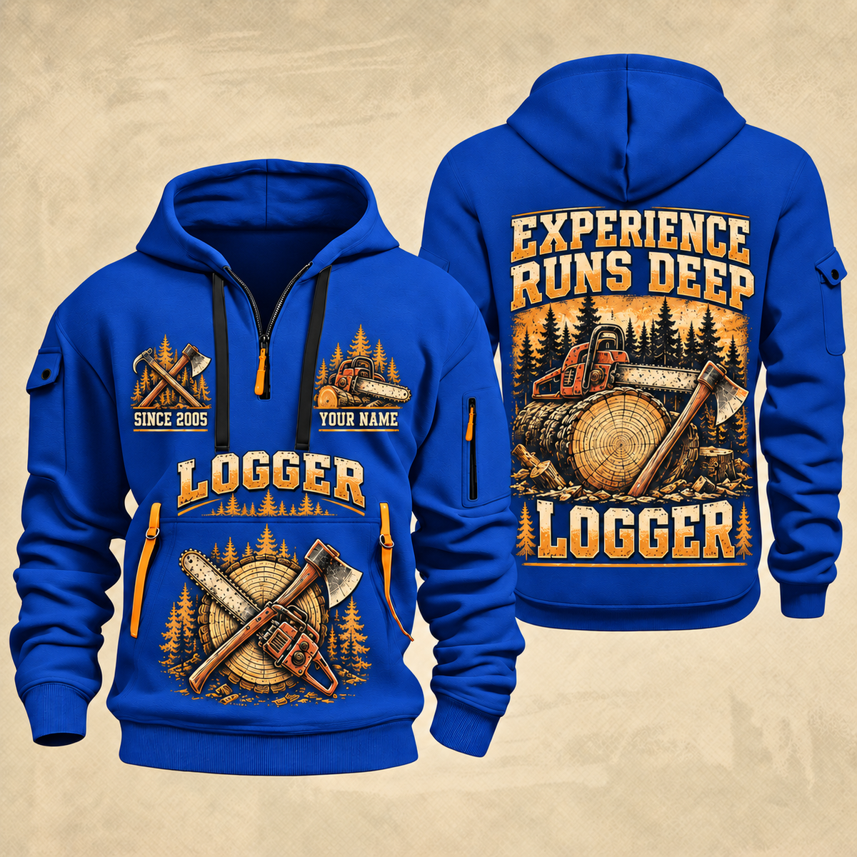 Logger Deep Woods Statement quarter-zip hoodie in Blue, front and back, YOUR NAME and SINCE 2005 artwork