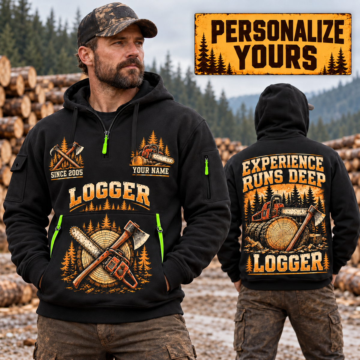 Logger wearing Deep Woods Statement quarter-zip hoodie in their workplace; product introduction and shopping call to action