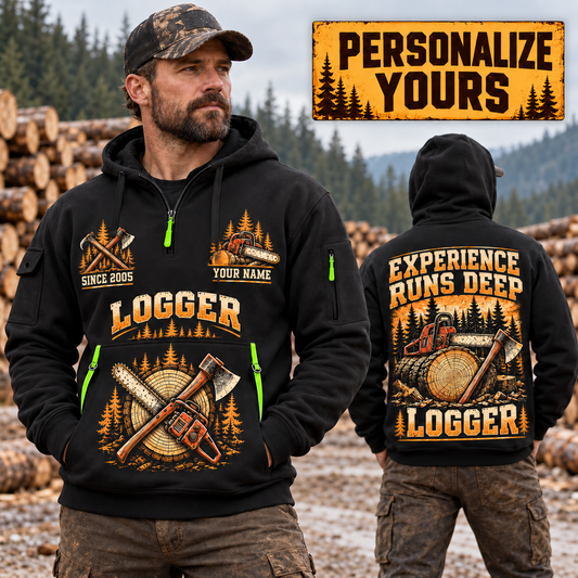Logger wearing Deep Woods Statement quarter-zip hoodie in their workplace; product introduction and shopping call to action