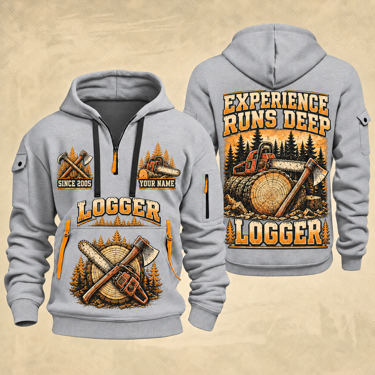 Logger Deep Woods Statement quarter-zip hoodie in Light Grey, front and back, YOUR NAME and SINCE 2005 artwork