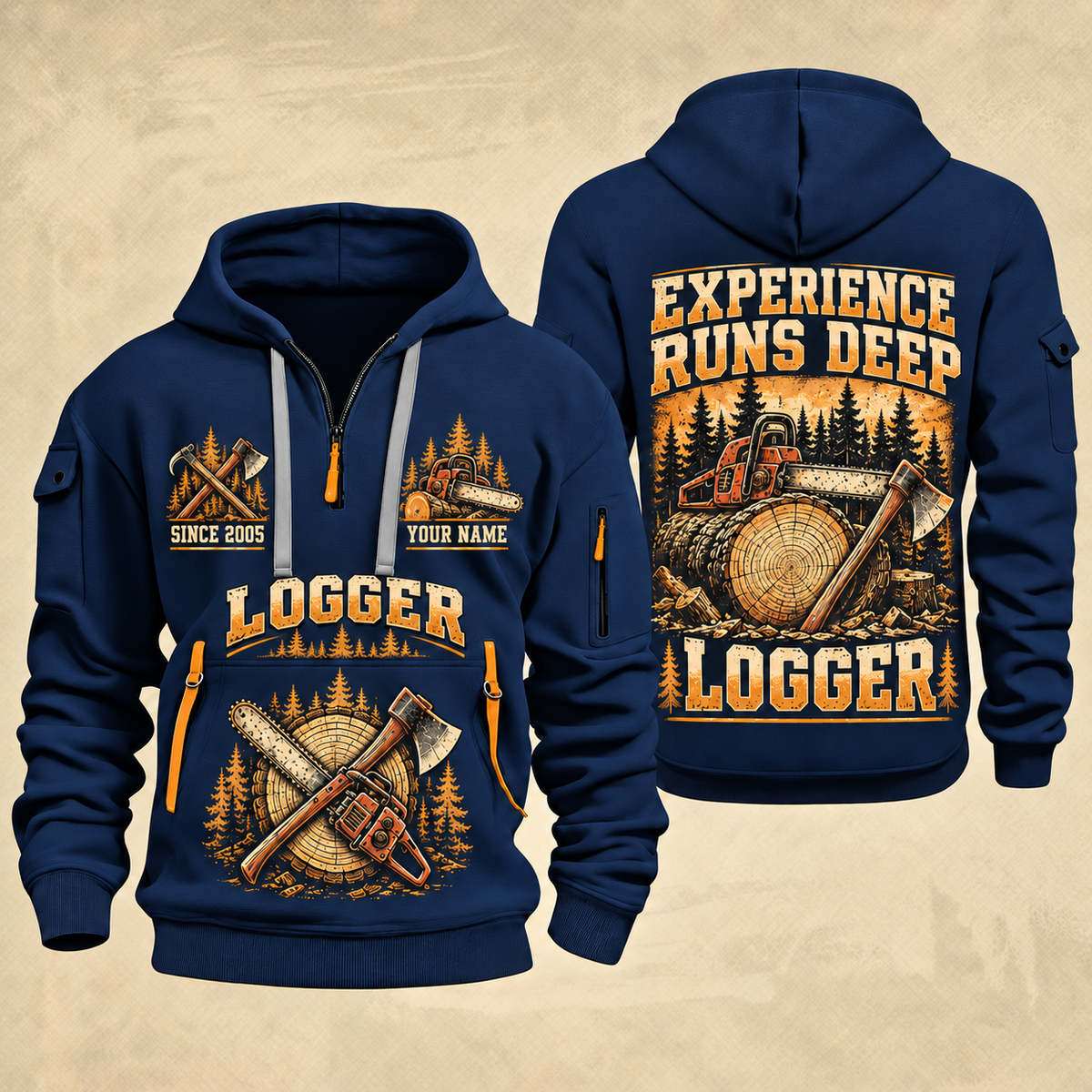 Logger Deep Woods Statement quarter-zip hoodie in Navy, front and back, YOUR NAME and SINCE 2005 artwork